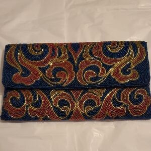 D.H. International Beaded Clutch in Blue, Red, and Gold